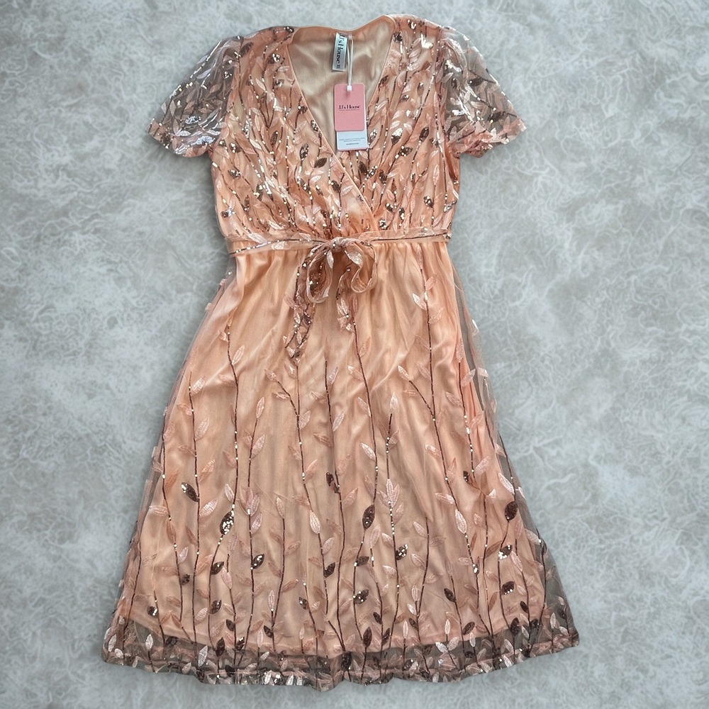 JJs House Ineta Womens XL Orange Sequin Mesh Cocktail Dress Short Sleeve NWT
